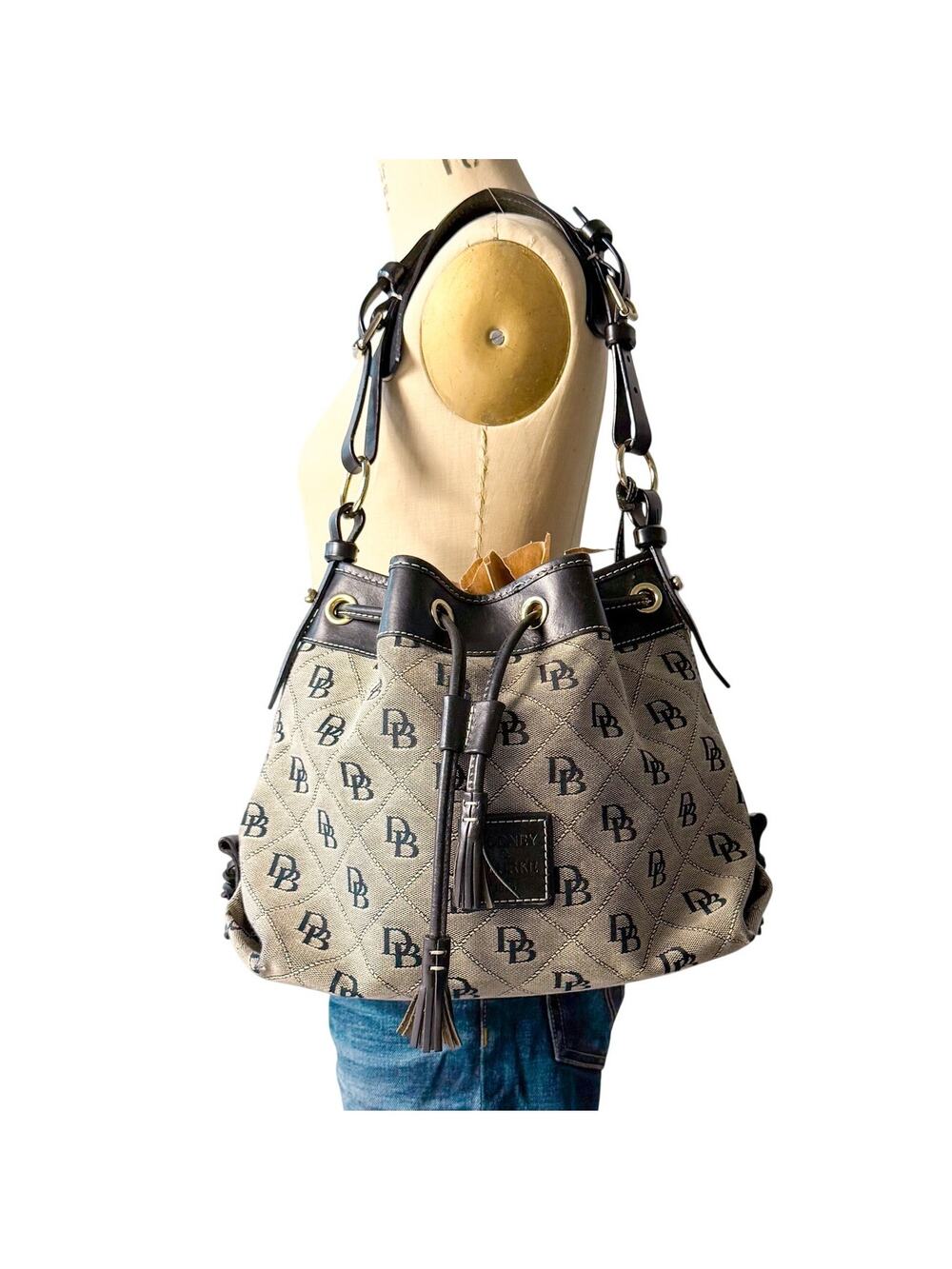 Dooney & Bourke Signature Canvas Drawstring Quilted Bucket Bag Gray Black Y2K